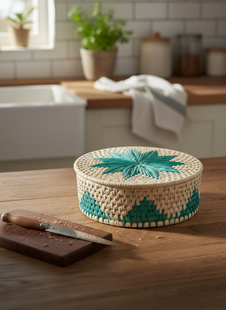 Green Flower Hand-Woven Bread Basket – Natural Roti Dan 10.5x4.5 Inches