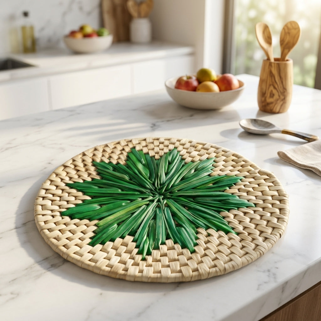Handwoven Palm Leaf Table Mat with Green Flower Design, Handmade Natural Woven Table Decor by Sartiyoon
