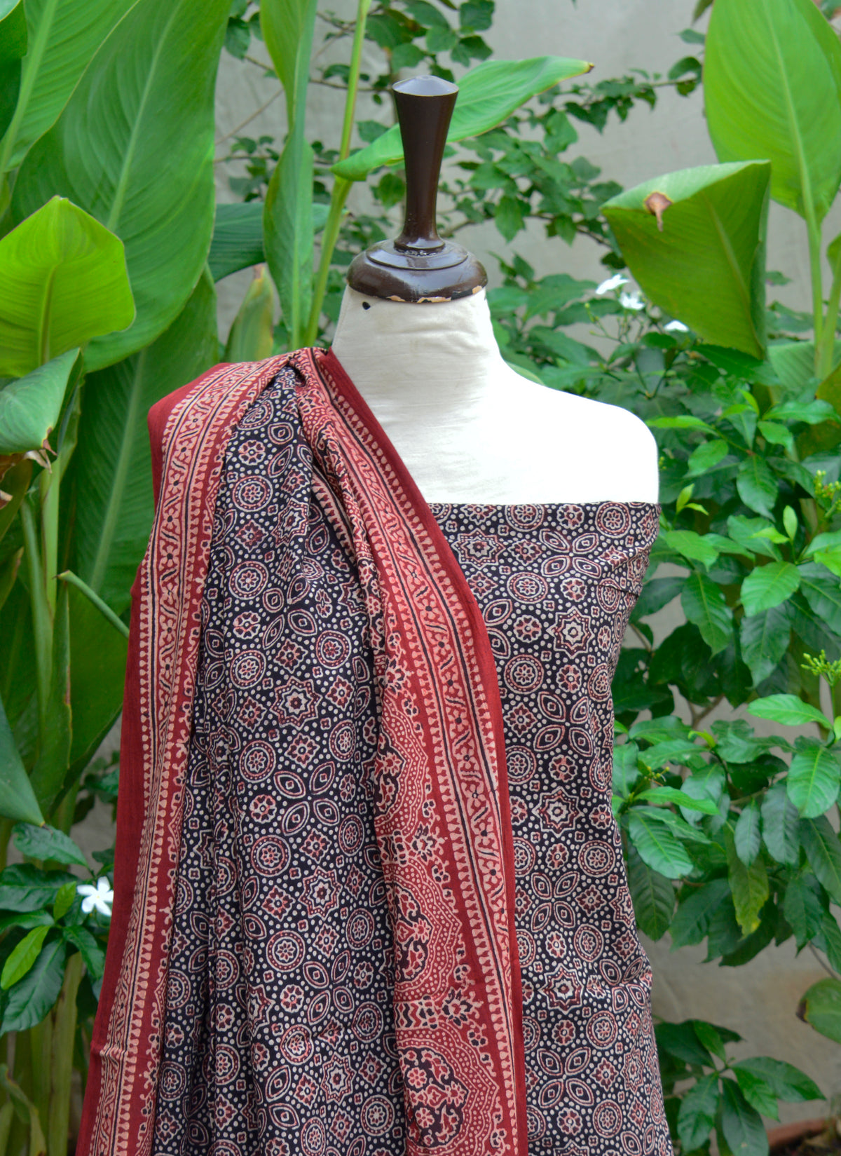 Organic Dye Ajrak Design Dress – Classical Unstitched Two-Piece in premium cotton with heritage block printing.