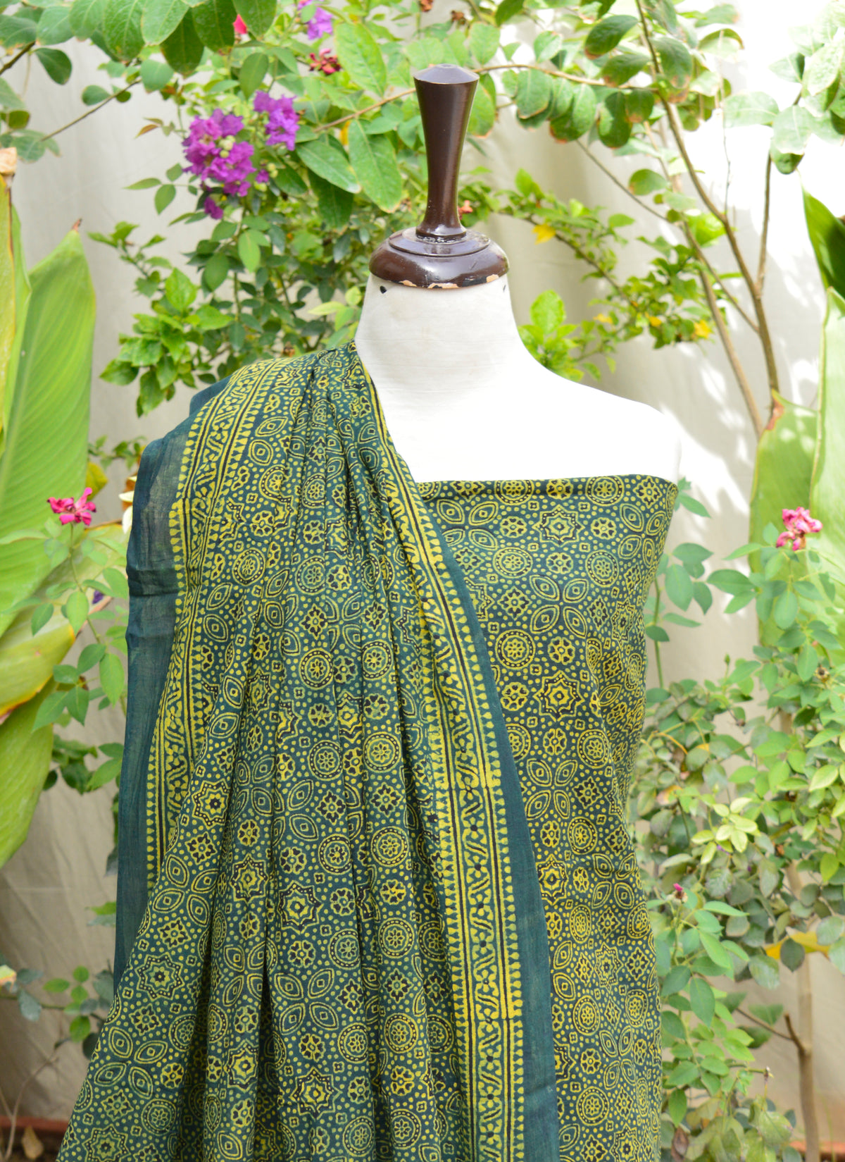 Sindhi Artisan Ajrak Design Lawn Dress in Green – Unstitched Two-Piece Set