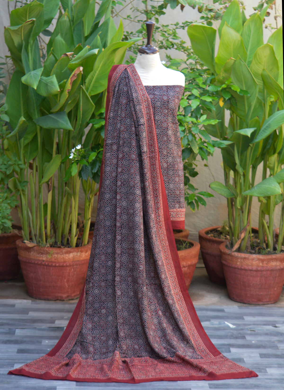 Organic dye hand block print Ajrak two-piece dress set with Moroccan black contrast shirt and dupatta, unstitched fabric 2.5m each 44 inches width.
