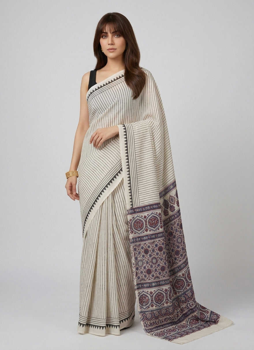 Offwhite Black Stripe Cotton Saree – Maroon & Blue Paloo Ajrak Motifs