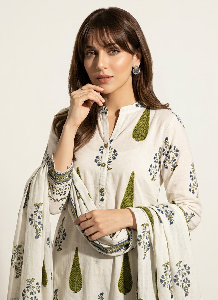 Blue Parrot Green Sanganeri floral leaf hand block printed cotton two-piece shirt and dupatta