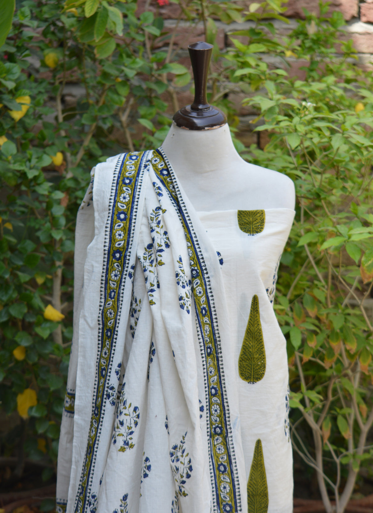 Natural Sanganeri floral leaf cotton dress with blue and parrot green hand block print