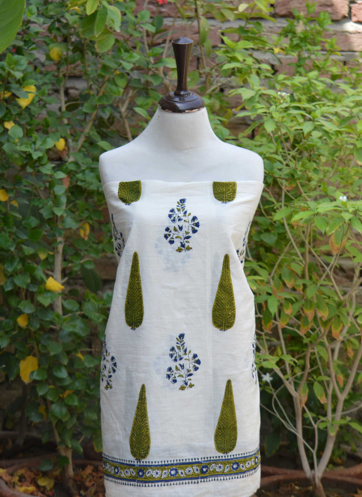 Women's blue and parrot green floral hand block printed cotton two-piece summer dress