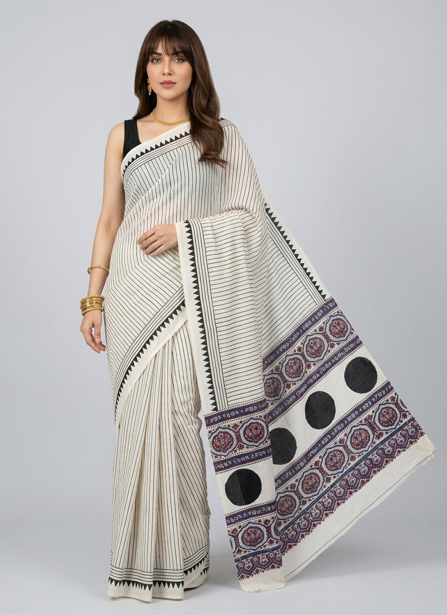 Black Stripe Cotton Saree – Indigo & Maroon Paloo Ajrak Motifs