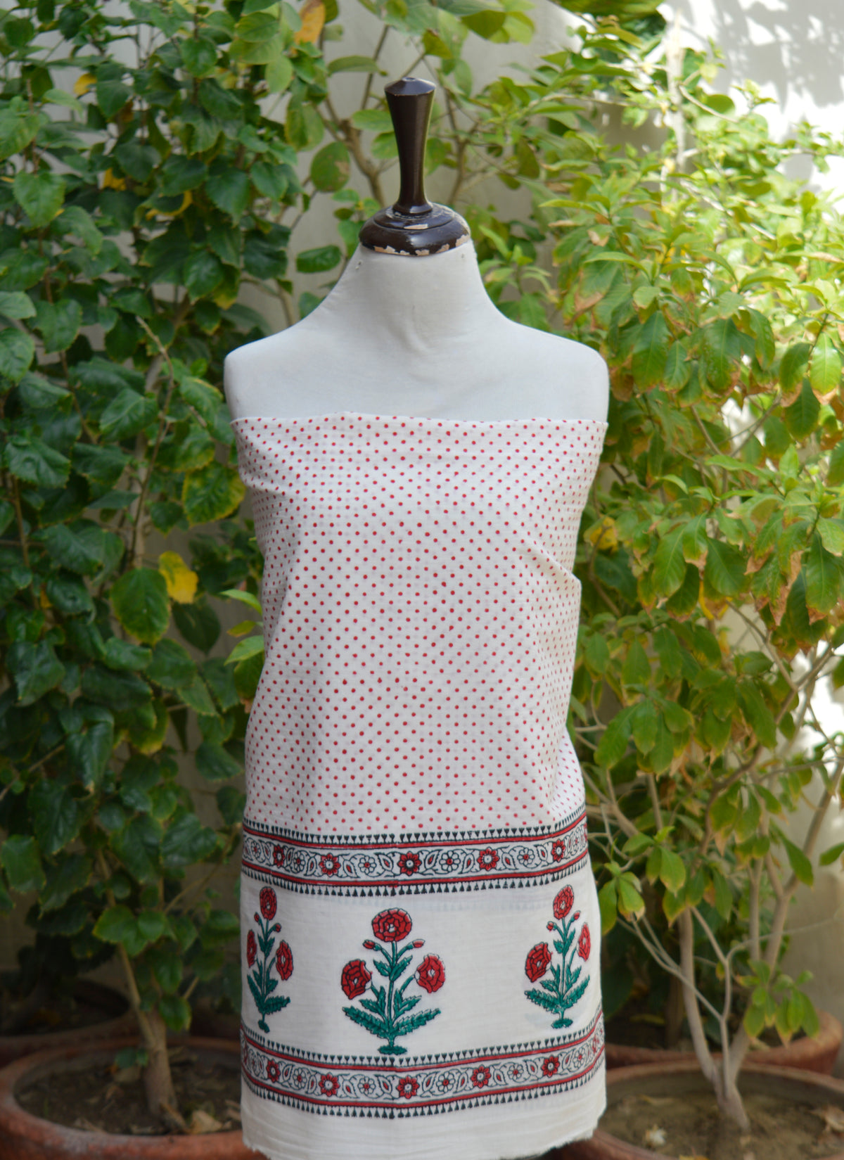 Artisan hand block printed cotton dress material with blood red dots, floral butta border, and matching dupatta
