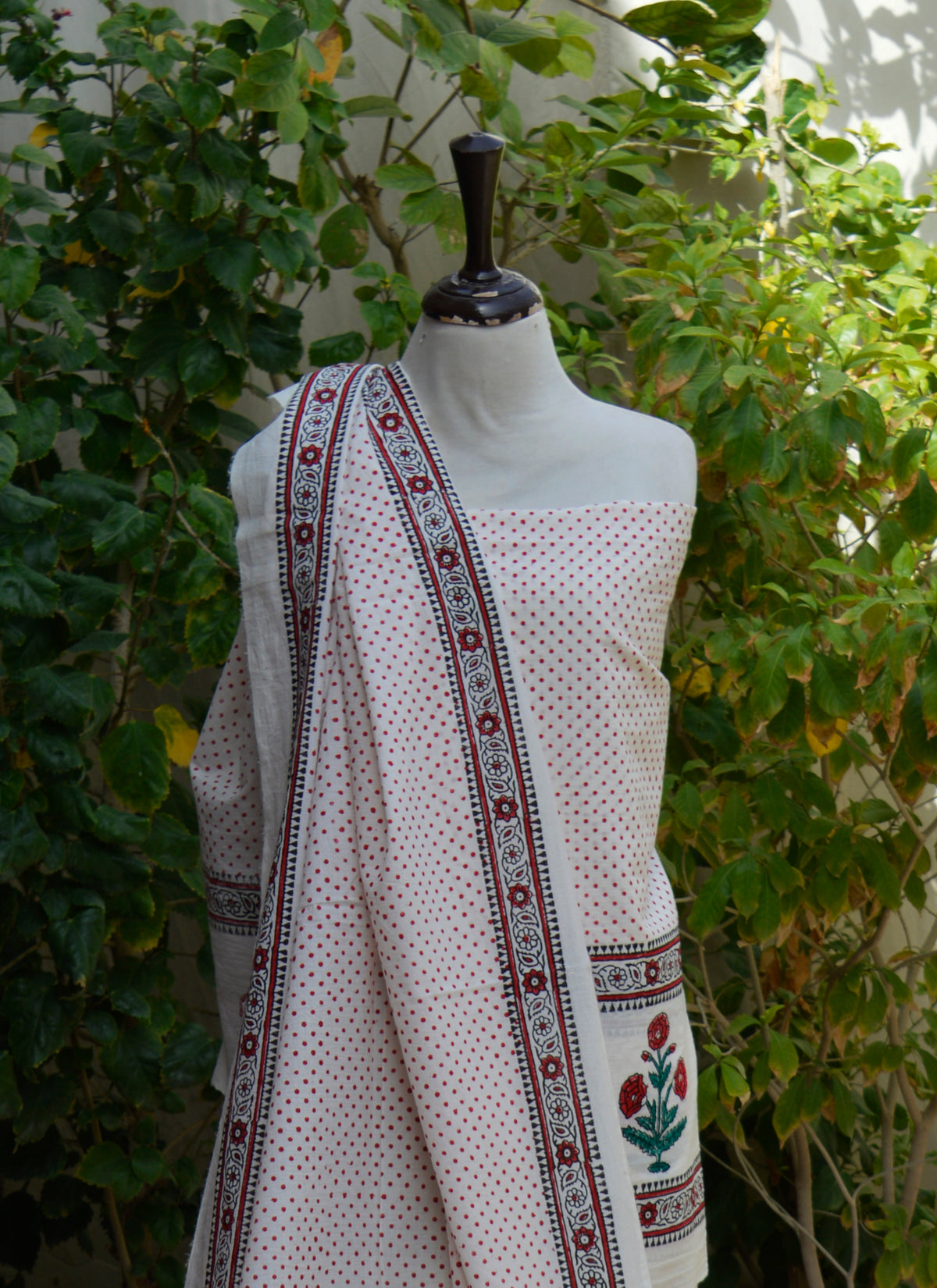 Women's unstitched cotton shirt and dupatta with blood red dot pattern and traditional floral butta border