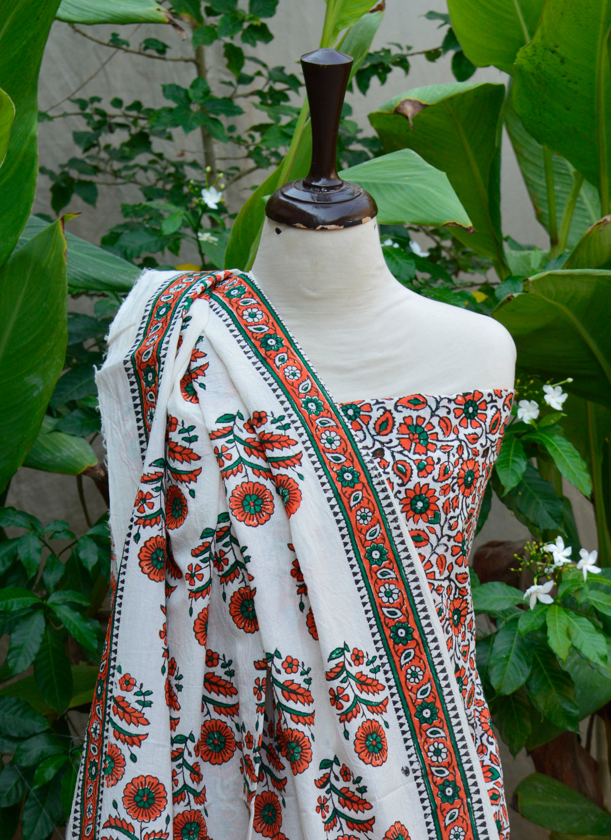Orange floral hand block printed unstitched cotton dress set – artisan handmade traditional pattern.