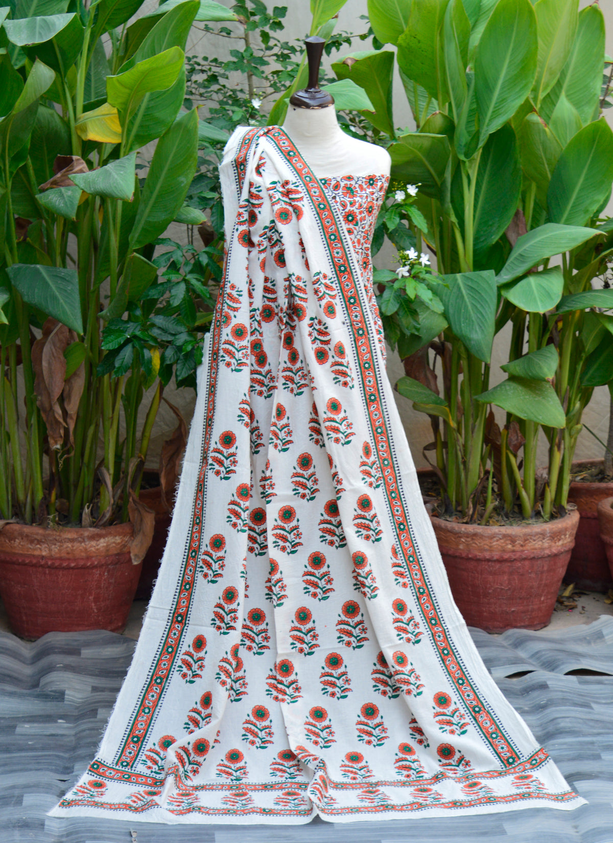 Daisy Flower Orange Hand Block Printed Cotton Two-Piece with unstitched shirt and dupatta by Sartiyoon Crafts Pakistan.