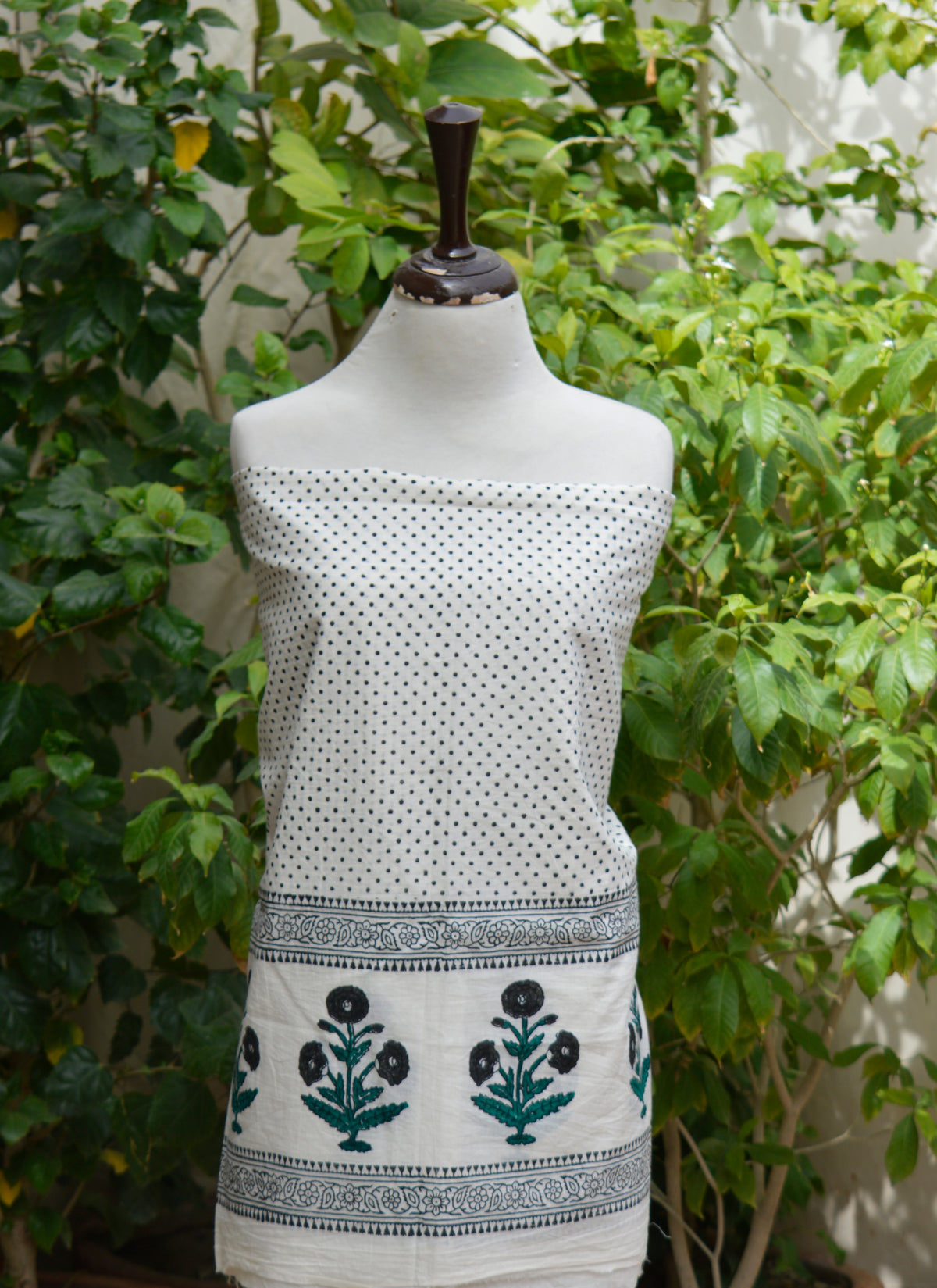Traditional hand block printed cotton shirt and dupatta with black dots and floral border artwork