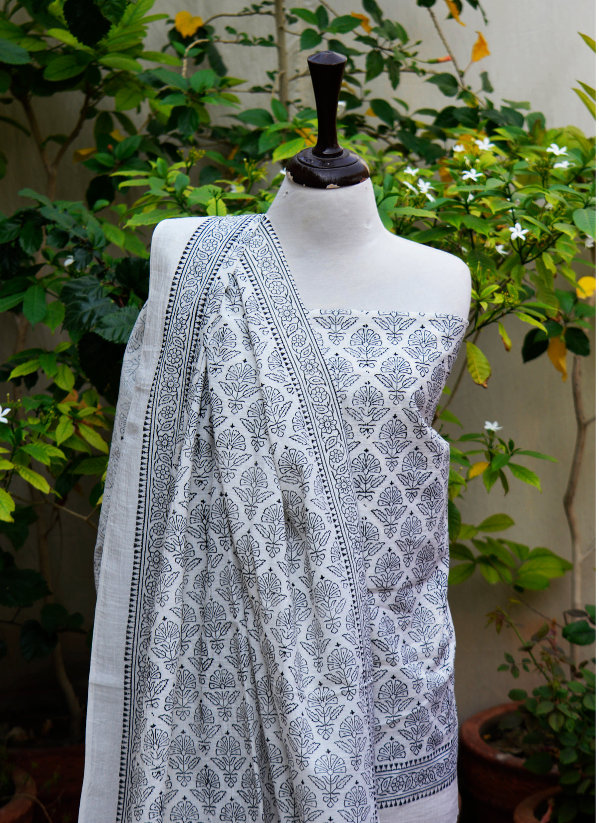 Black floral butta hand block printed cotton dress with shirt and dupatta