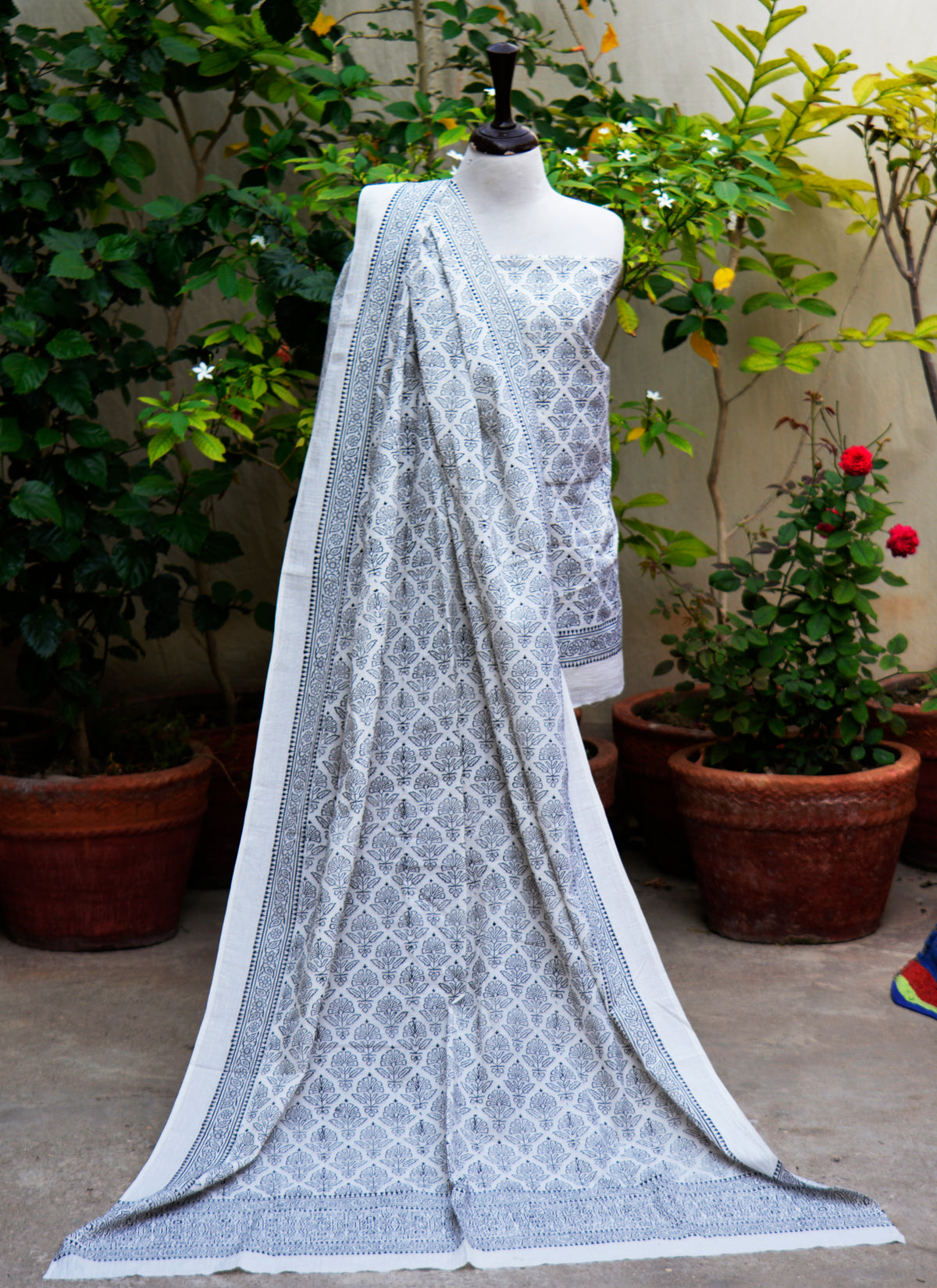 Premium cotton shirt dupatta set with black floral butta hand block printing