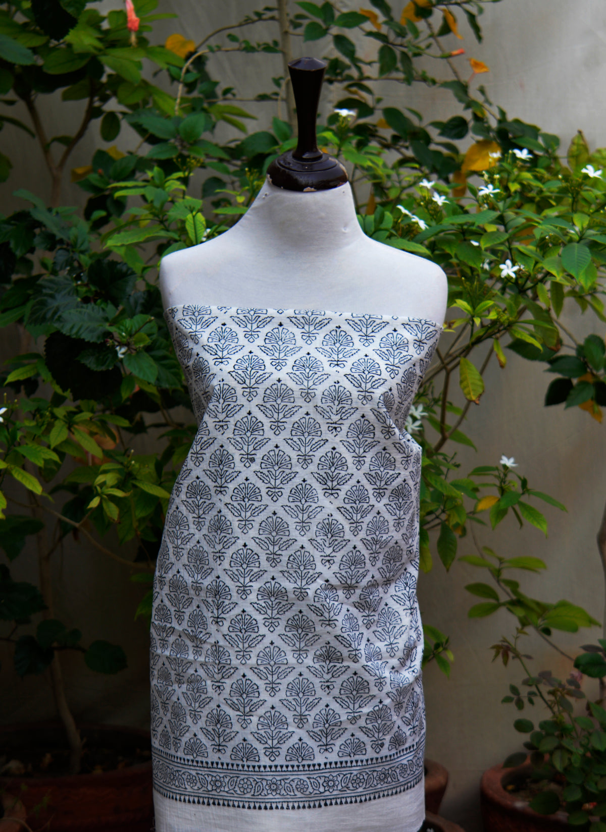 Traditional hand block print black cotton fabric floral butta design