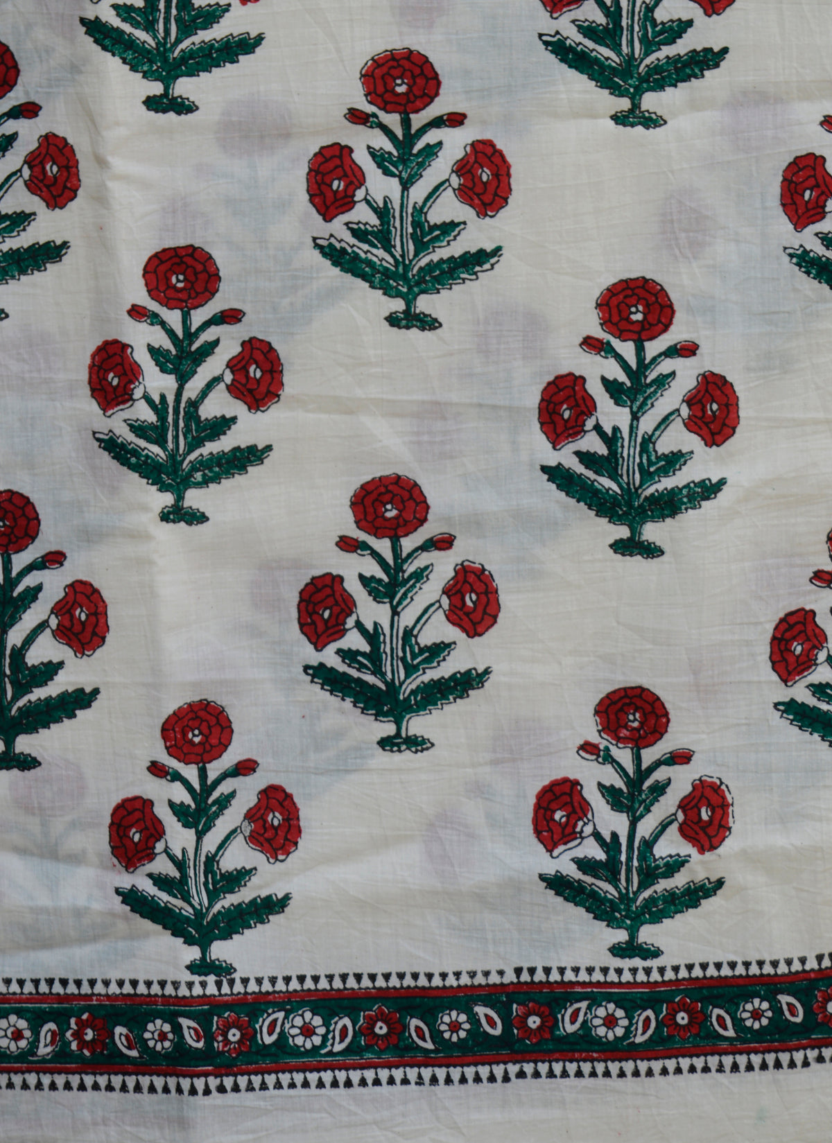Traditional floral butta cotton fabric with maroon green hand block print design