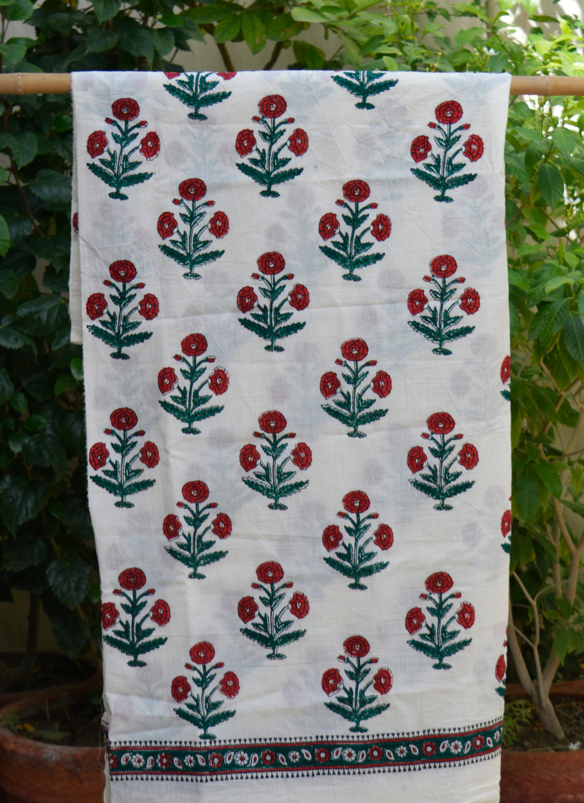 Hand block print fabric floral butta maroon green in premium cotton fabric
