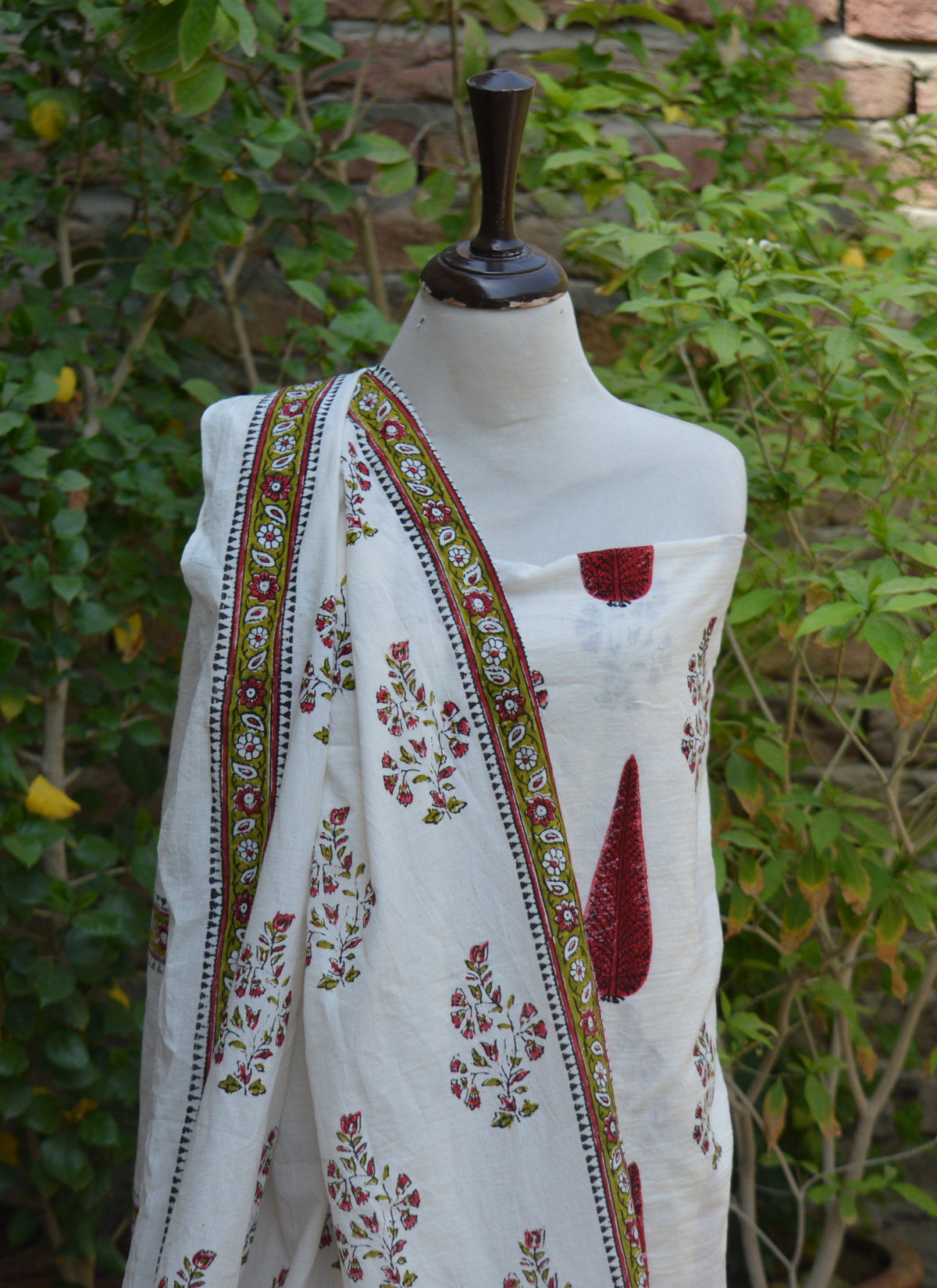 Red and parrot green Sanganeri floral leaf cotton dress with traditional hand block print