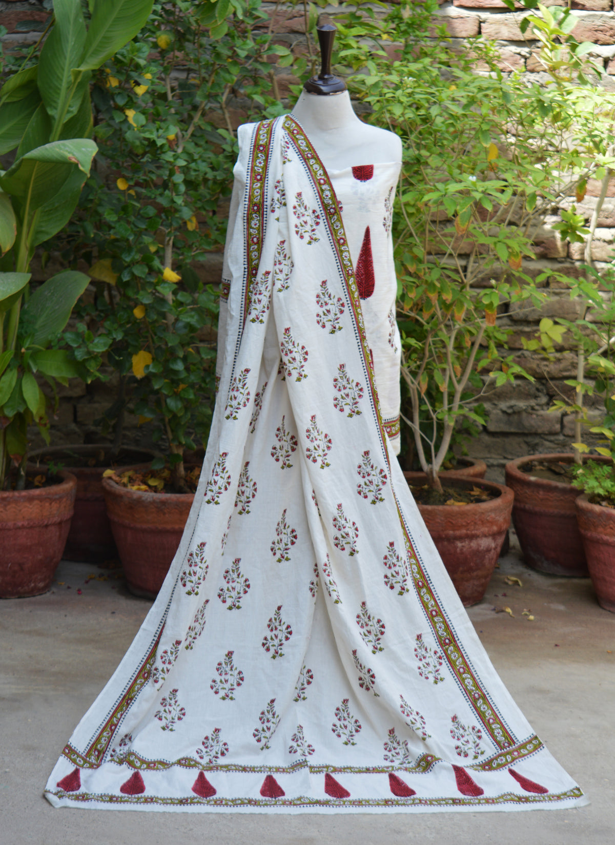 Women's red and green floral hand block printed cotton two-piece summer dress with matching dupatta