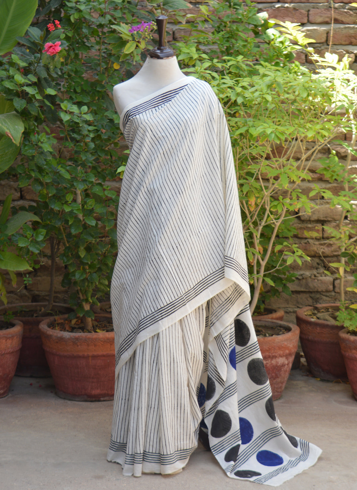 Sindhi Hand Block Printed Cotton Saree with Black Blue Paloo motifs and Black Stripe blouse