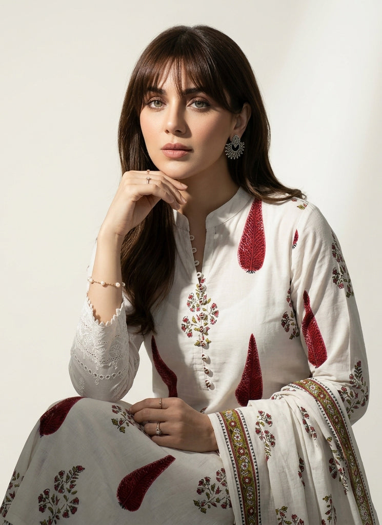 Red Parrot Green Sanganeri floral leaf hand block printed cotton two-piece shirt and dupatta