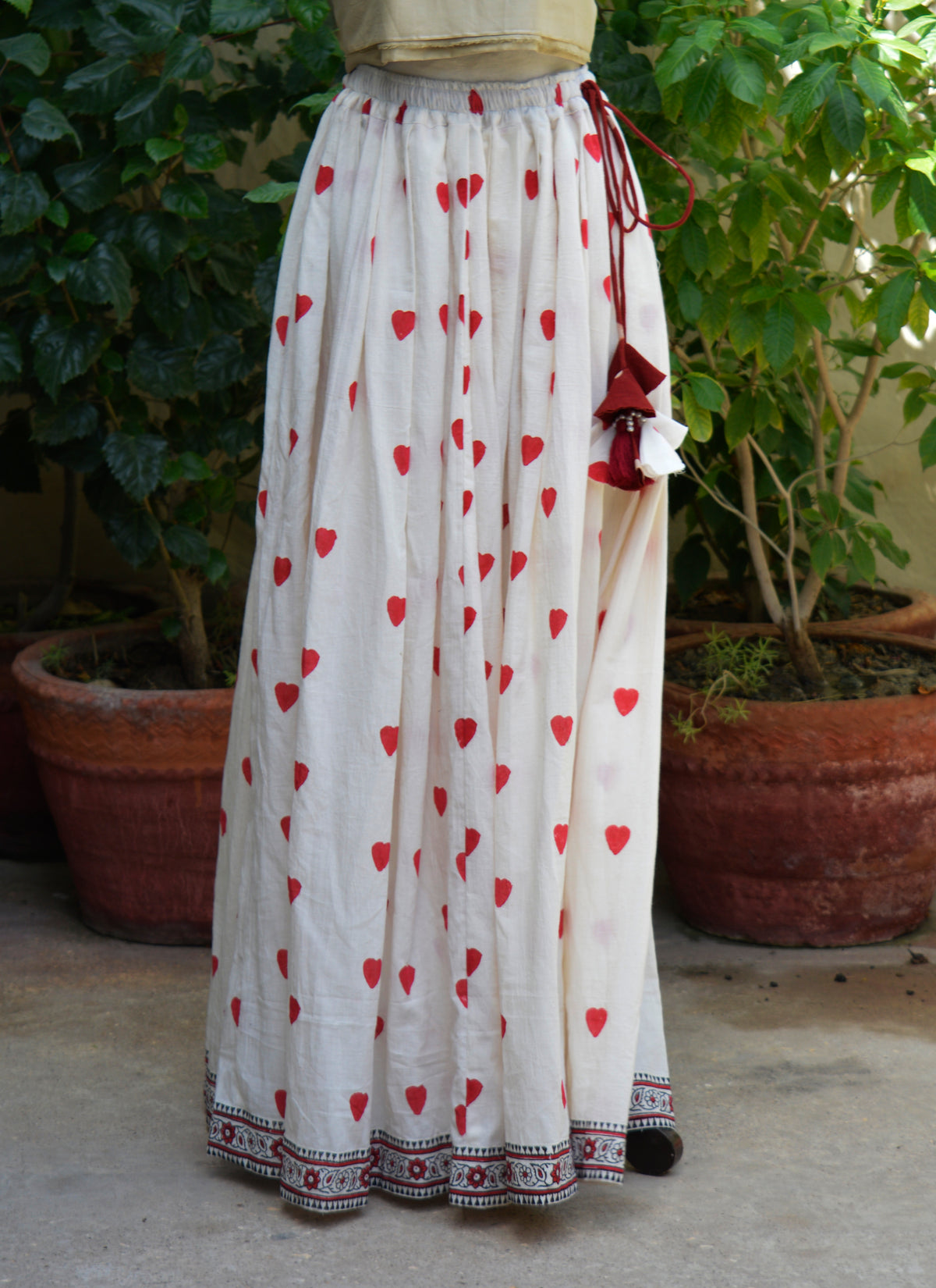 Heart Block Print Lawn Cotton Boho Skirt with Tassel Dori