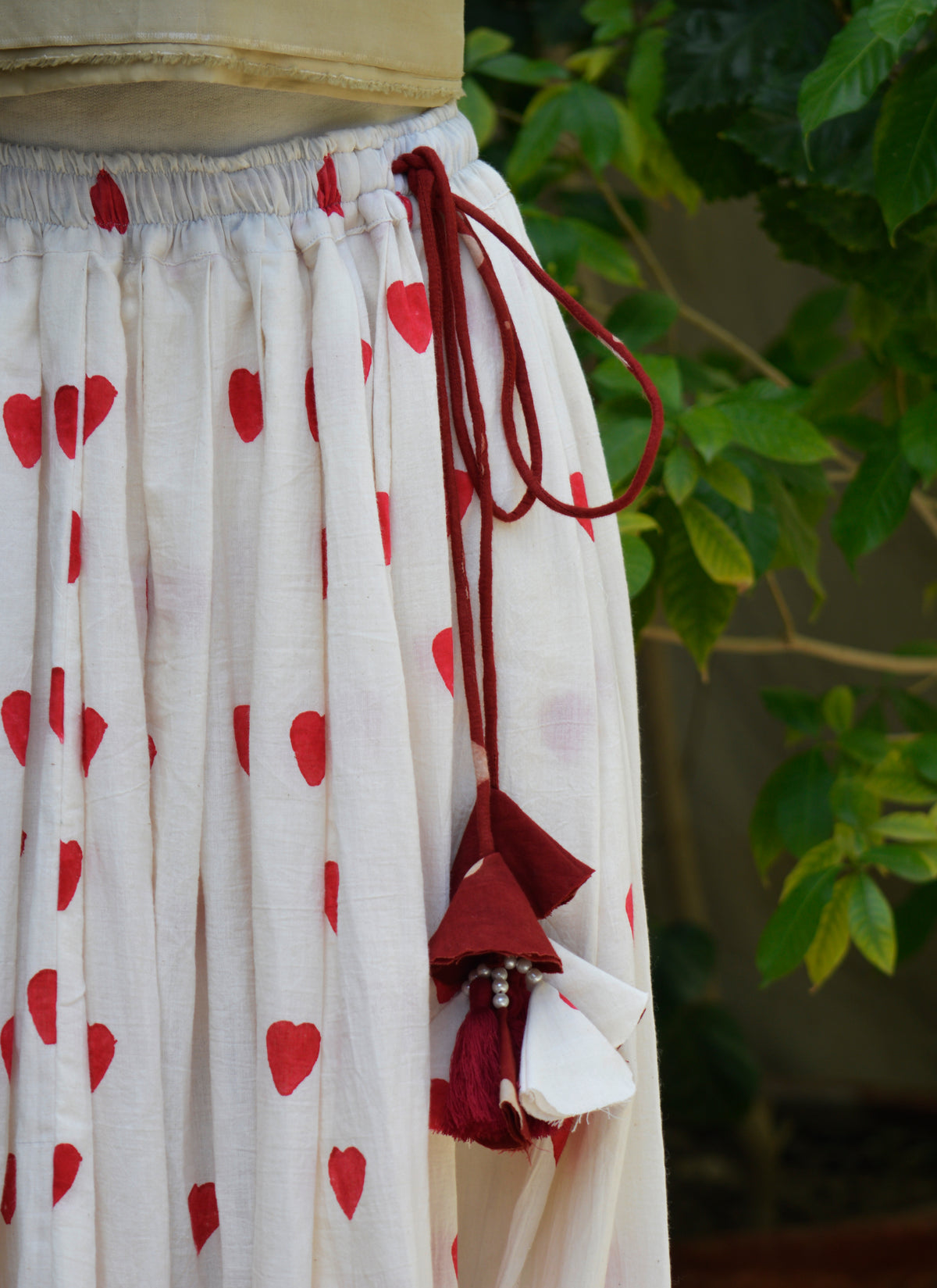 Heart Block Print Lawn Cotton Boho Skirt with Tassel Dori