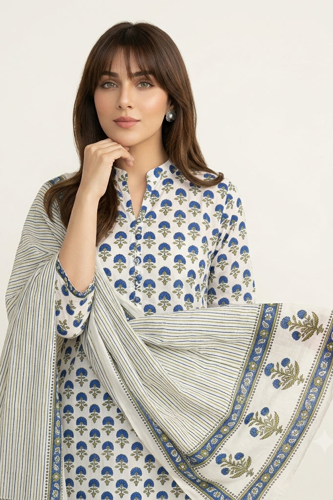Hand block print floral cotton three-piece with shirt stripe dupatta and trouser