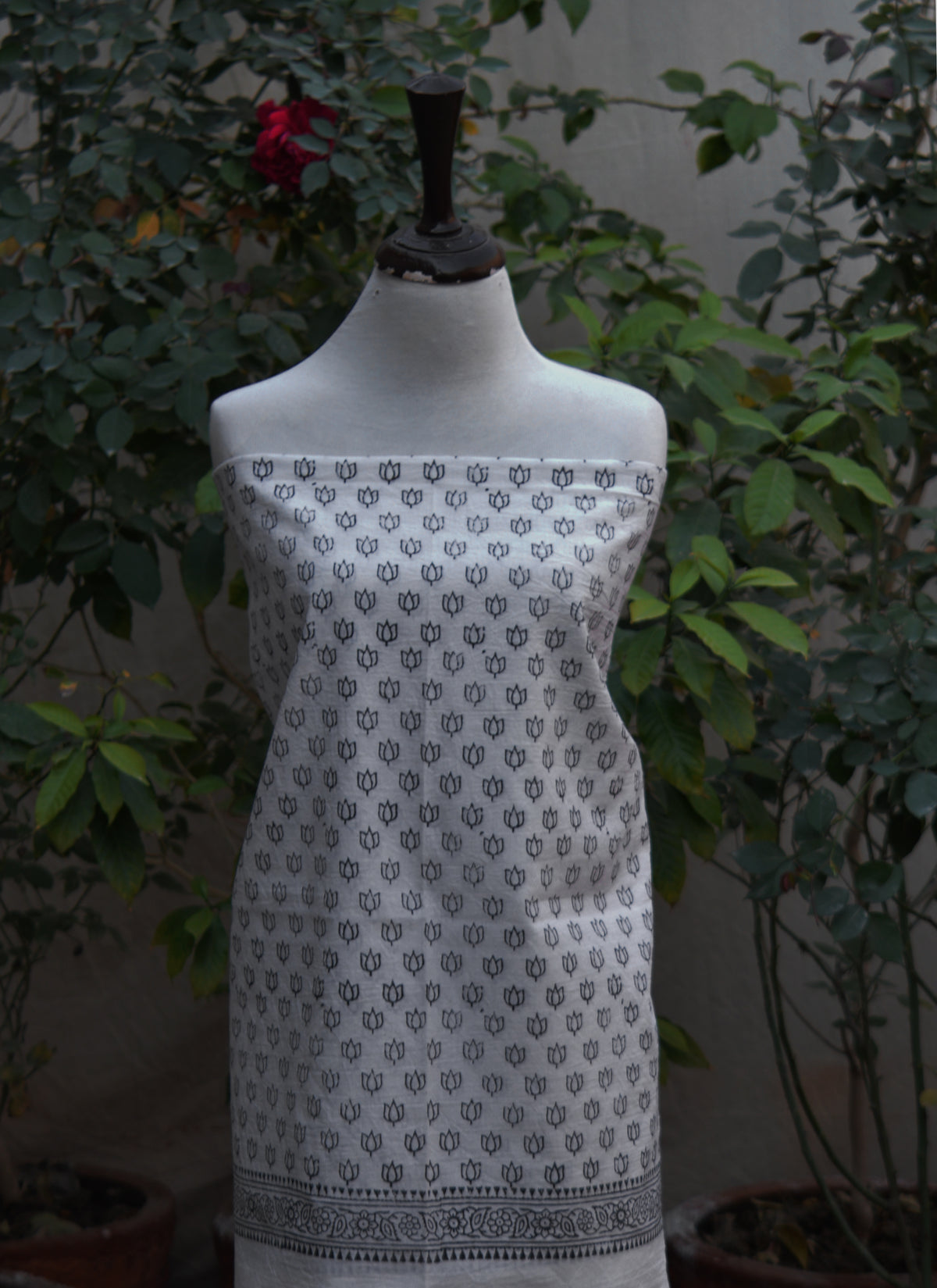 Hand block printed lotus motif two piece premium lawn cotton unstitched dress