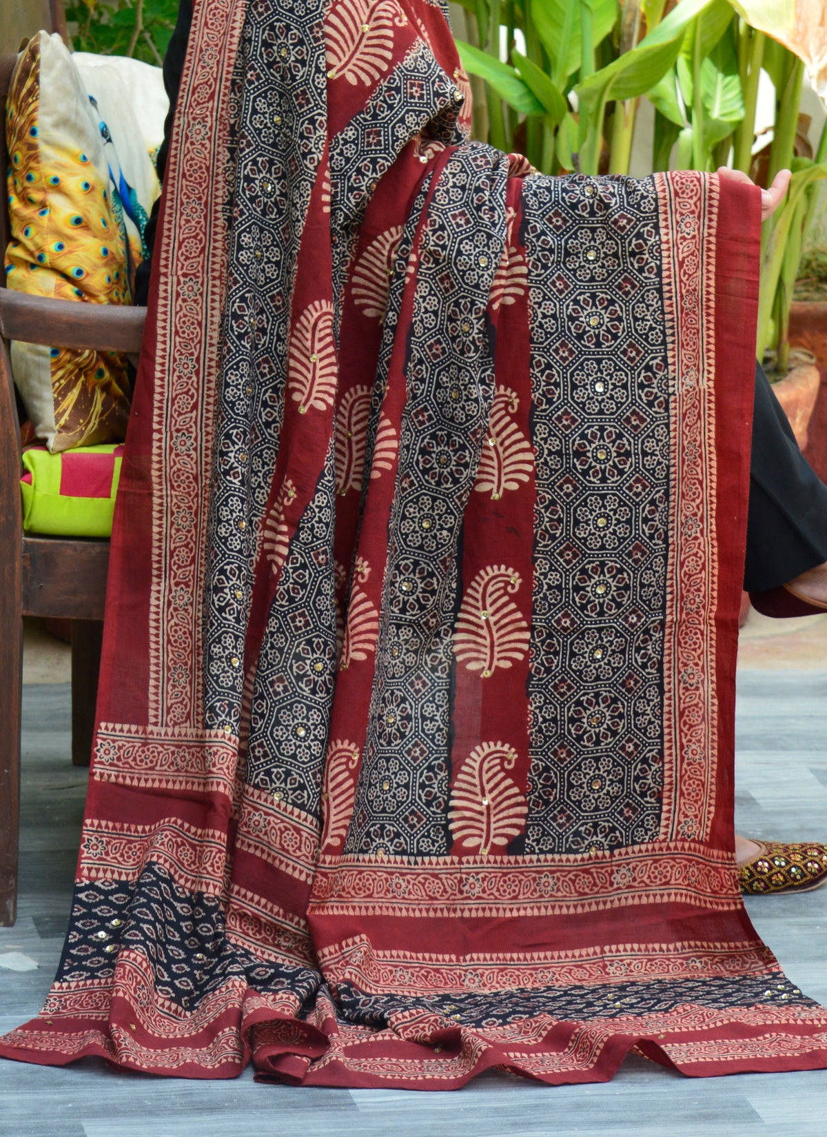 Sindhi Ajrak Design Dress style leafy pattern Chaadar with organic dyes, sitara sequences, and tassel edging