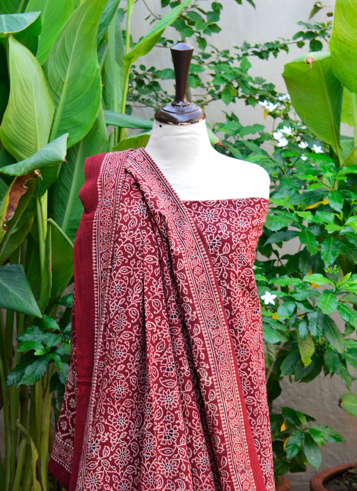 Traditional Ajrak Design Red Floral Bel Two Piece Dress Unstitched Lawn Shirt and Dupatta