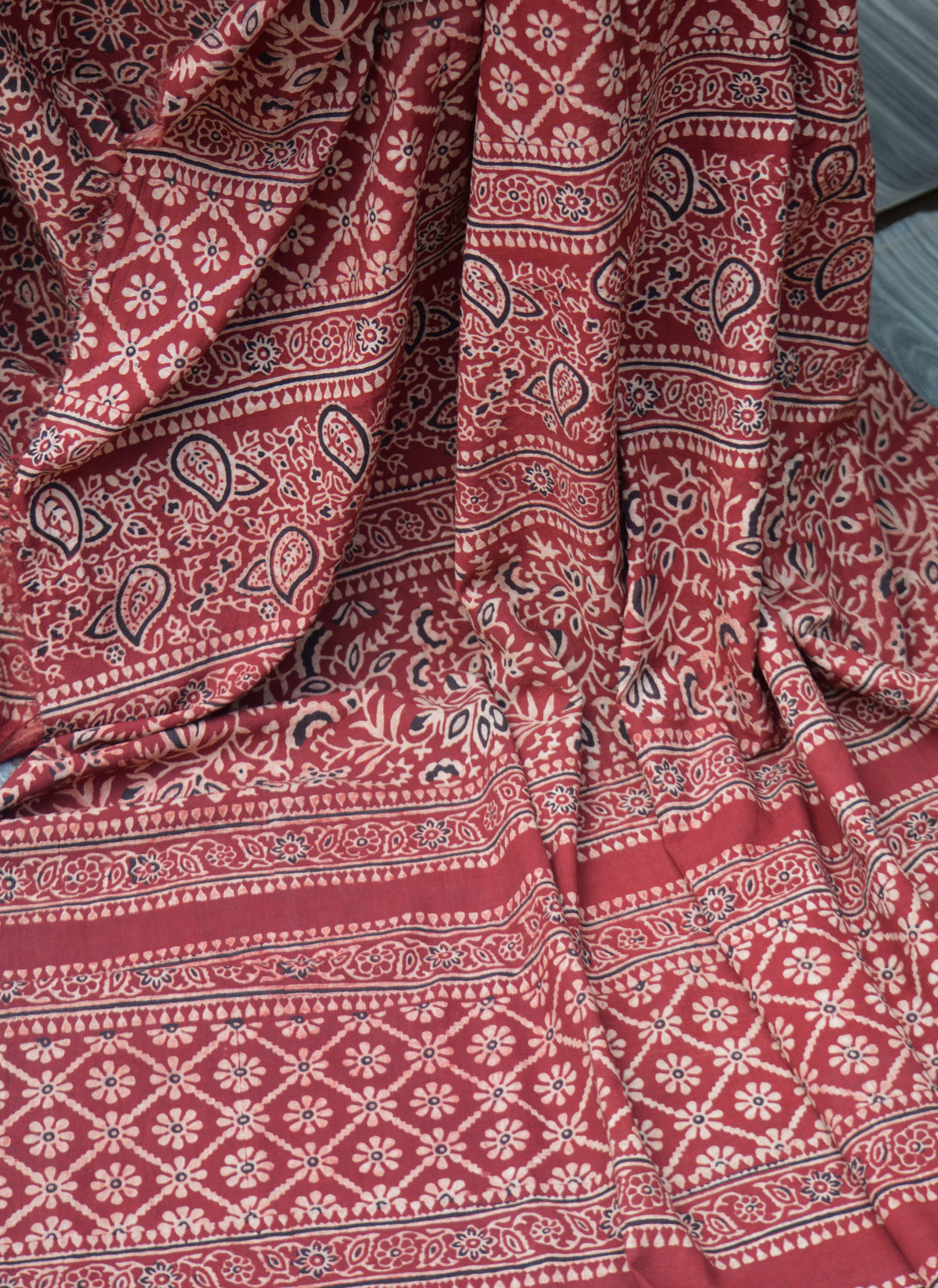 Organic dyed Ajrak Saree in floral red hand block print, premium cotton 7 meters.