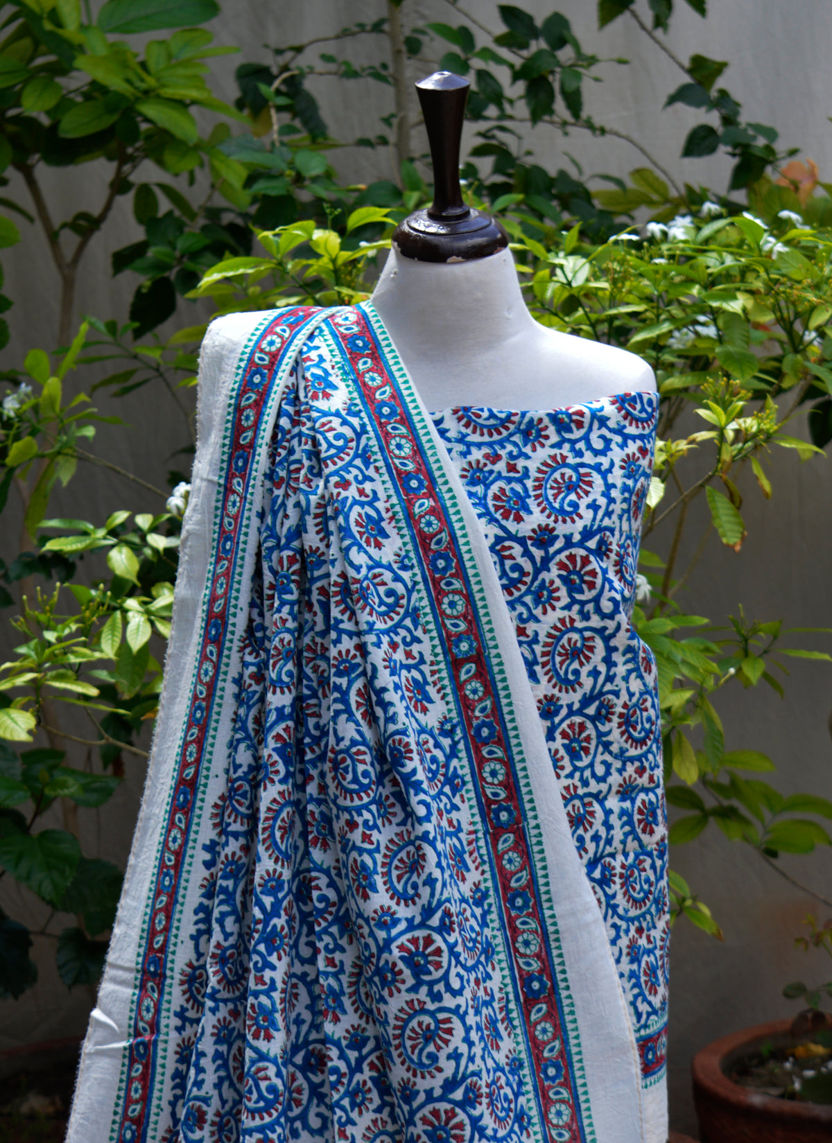 Traditional floral bel hand block printed cotton dress Pakistan