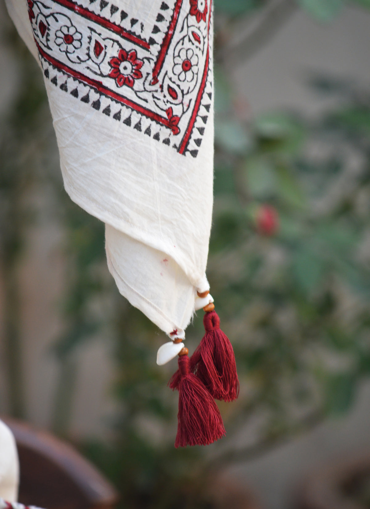 Artisan hand block printed cotton chadar with tassels Pakistan