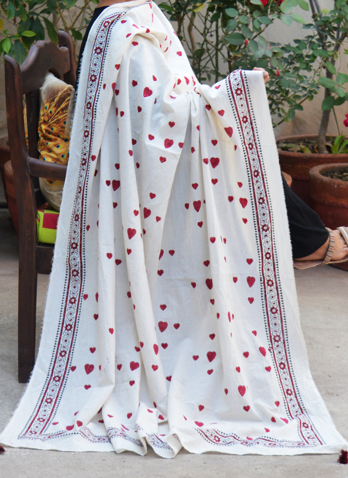 Hand block printed heart grid cotton dopatta chadar with thread tassels and sea shells