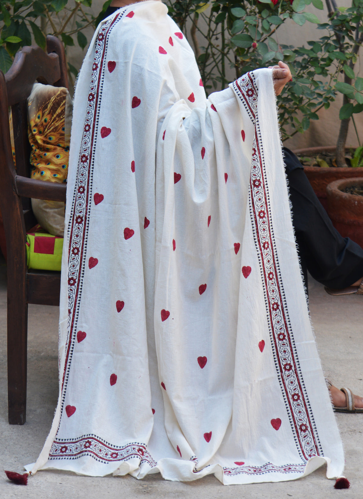 Hand block printed cotton dupatta chadar medium heart design with thread tassels and sea shell ornaments