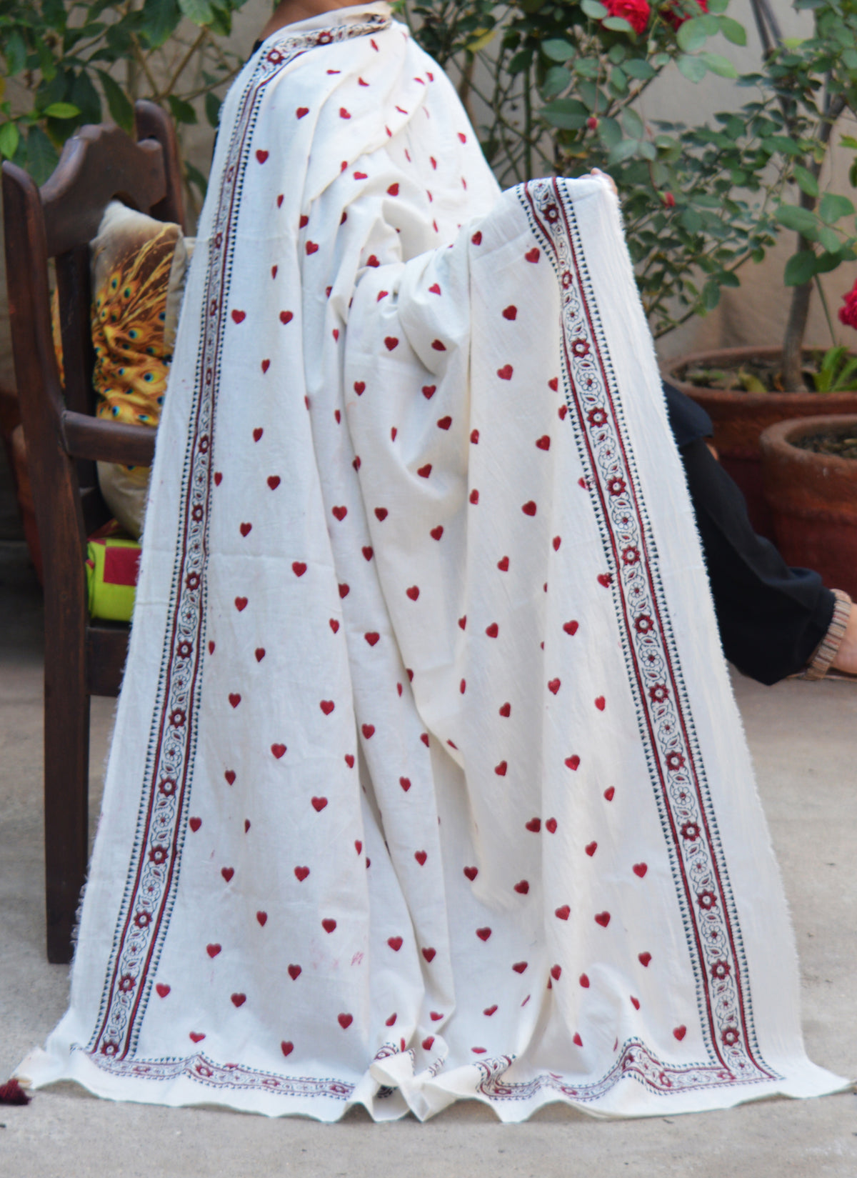 Hand block printed cotton dupatta chadar with smart heart design and tassels