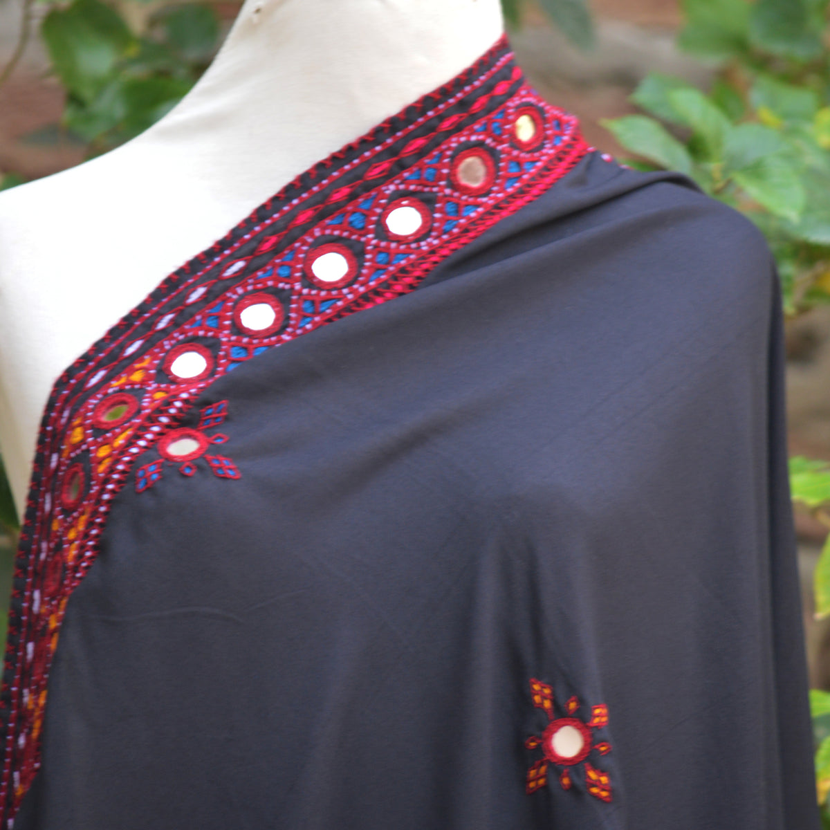 Black Balochi Chadar with Vibrant Multicolored Traditional Hand Embroidery on Swiss Lawn Fabric by Sartiyoon Pakistan