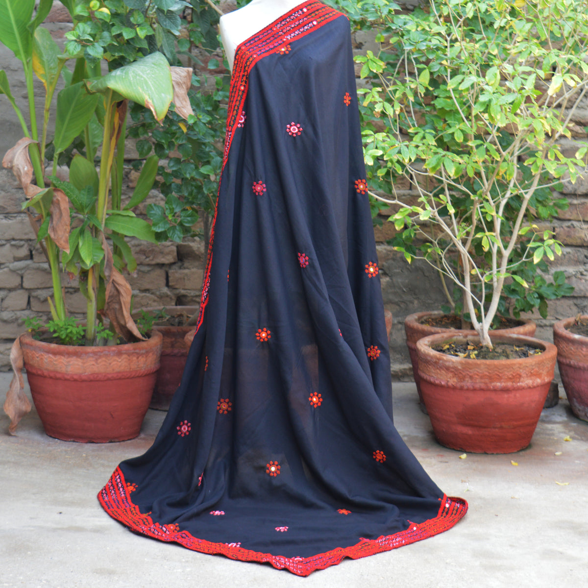 Black Swiss Lawn Gajj Embroidery Chaadar with Multicolored Traditional Embroidery, Handcrafted Heritage Shawl by Sartiyoon Pakistan