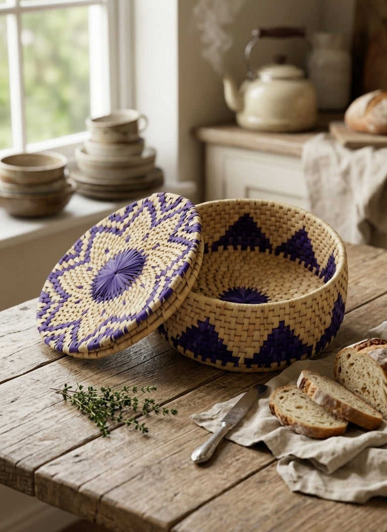 Hand woven palm leaf purple blue geometrical flower bread basket eco artisan roti dan
