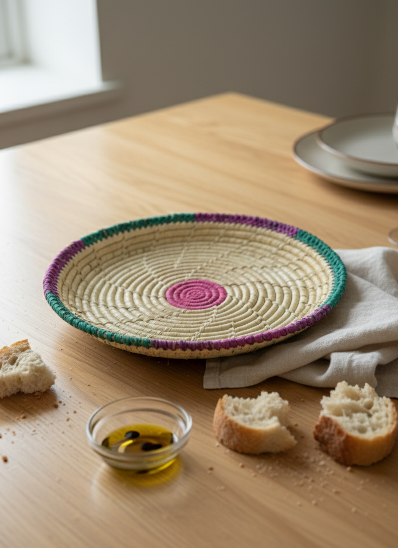 Hand woven palm leaf bread plate simple 10x10 inch changair made in Sindh Pakistan.