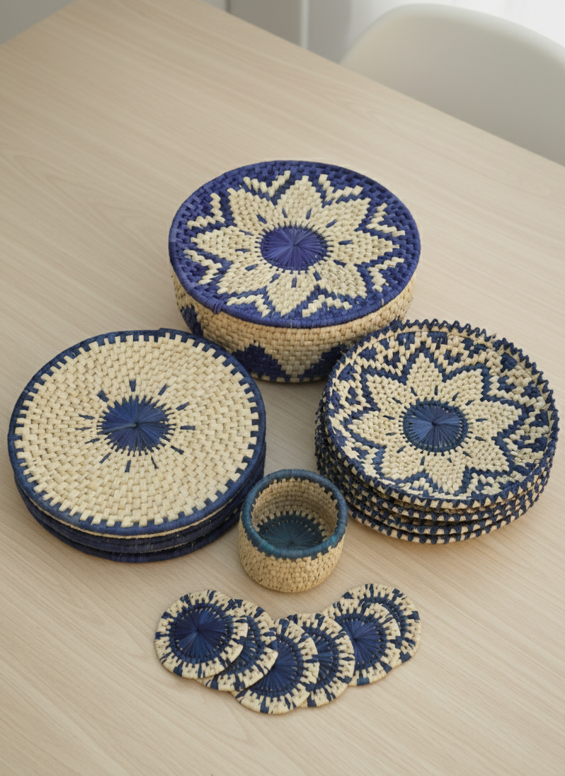 Hand woven indigo palm leaf dining set bread basket table mats changair tea coasters glass basket artisan crafted Pakistan