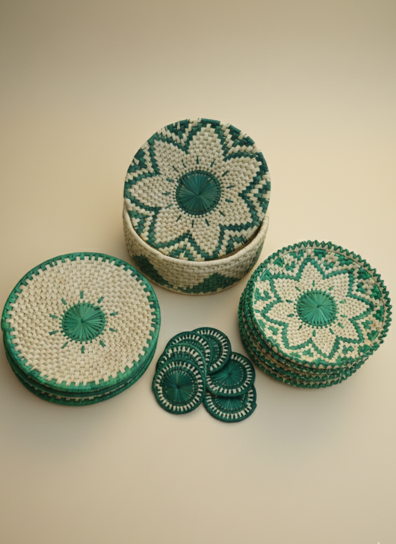 Hand-woven green palm-leaf dining set bread basket table mats changair tea coasters artisan crafted