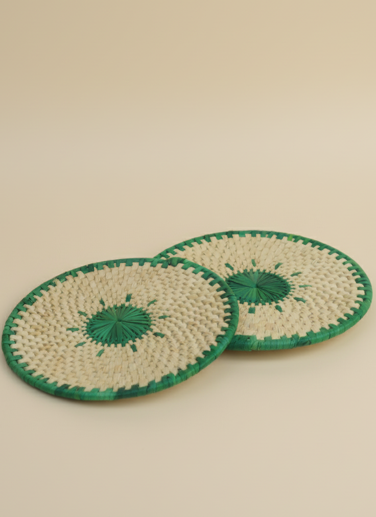 Artisan palm-leaf dining collection green colour includes bread basket mats changair coasters sustainable living