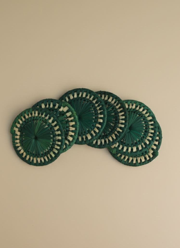 Hand-woven date-palm leaf green dining table set with bread basket, mats, changair and tea coasters Pakistan
