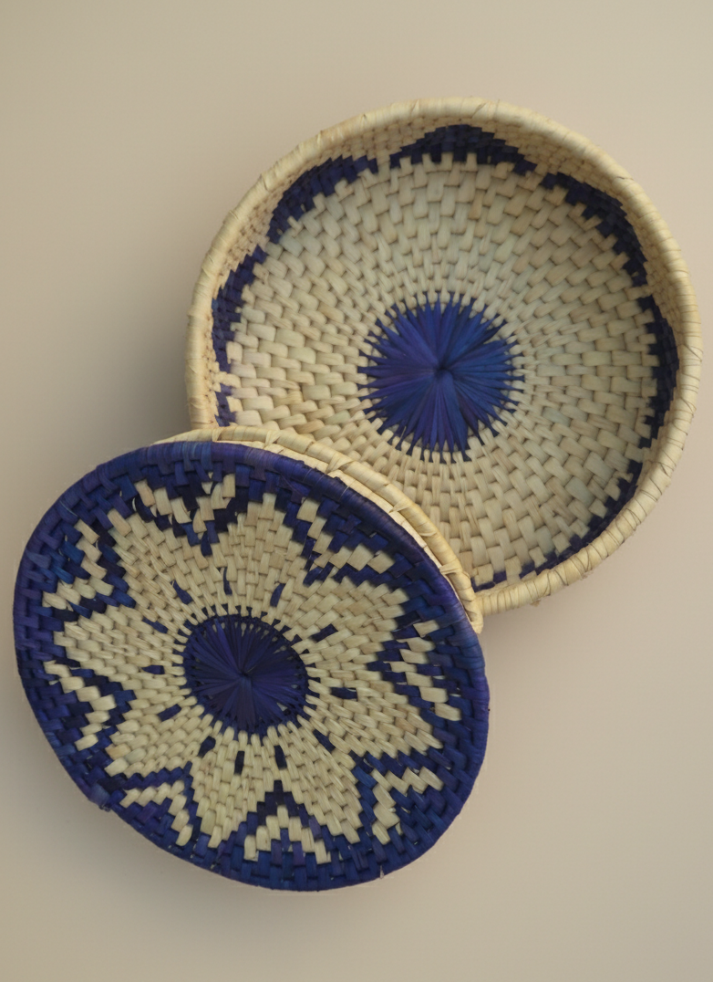Eco friendly palm leaf dining collection indigo – bread basket plus 6 table mats 6 changair 6 tea coasters glass basket