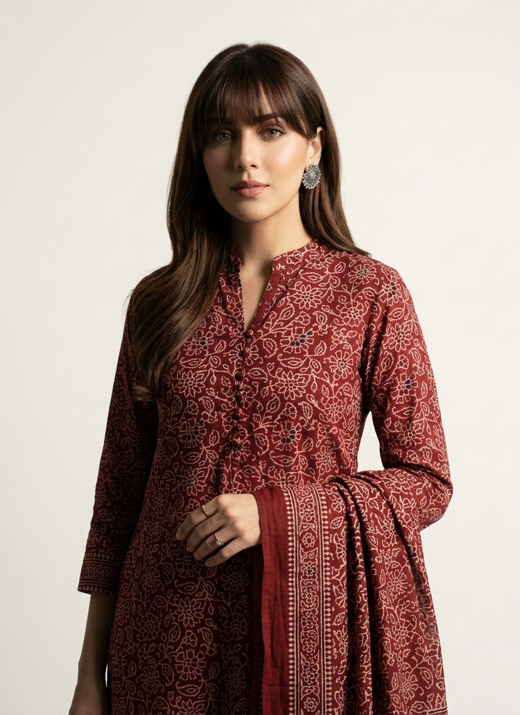 Organic Dye Hand Block Printed Ajrak Red Floral Bel two-piece lawn dress with unstitched shirt and matching dupatta featuring traditional Sindhi floral motifs.