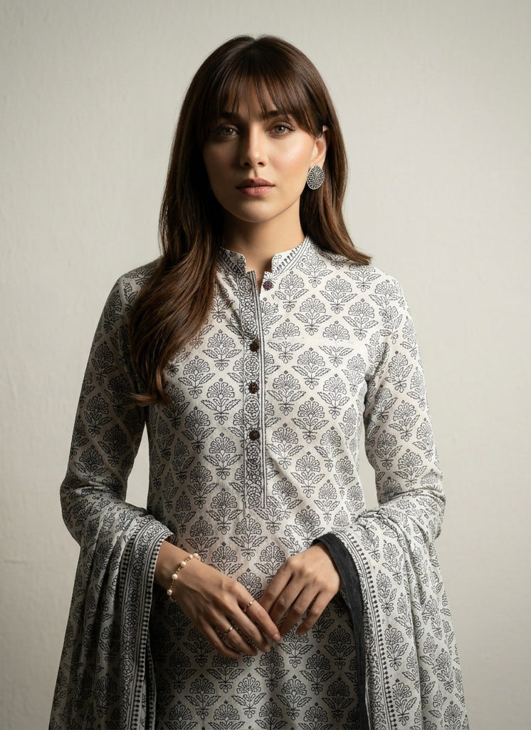 Hand Block Print Black Floral Butta Cotton Shirt & Dupatta Unstitched Set