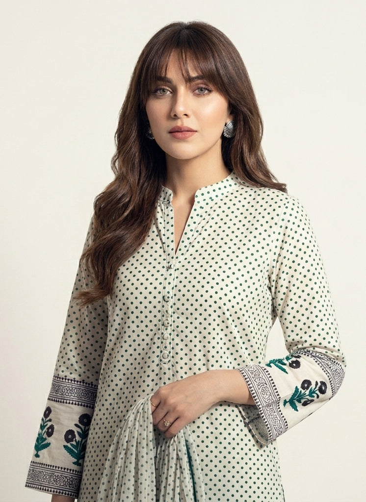 Hand block print black dots cotton shirt and dupatta set with floral butta border design