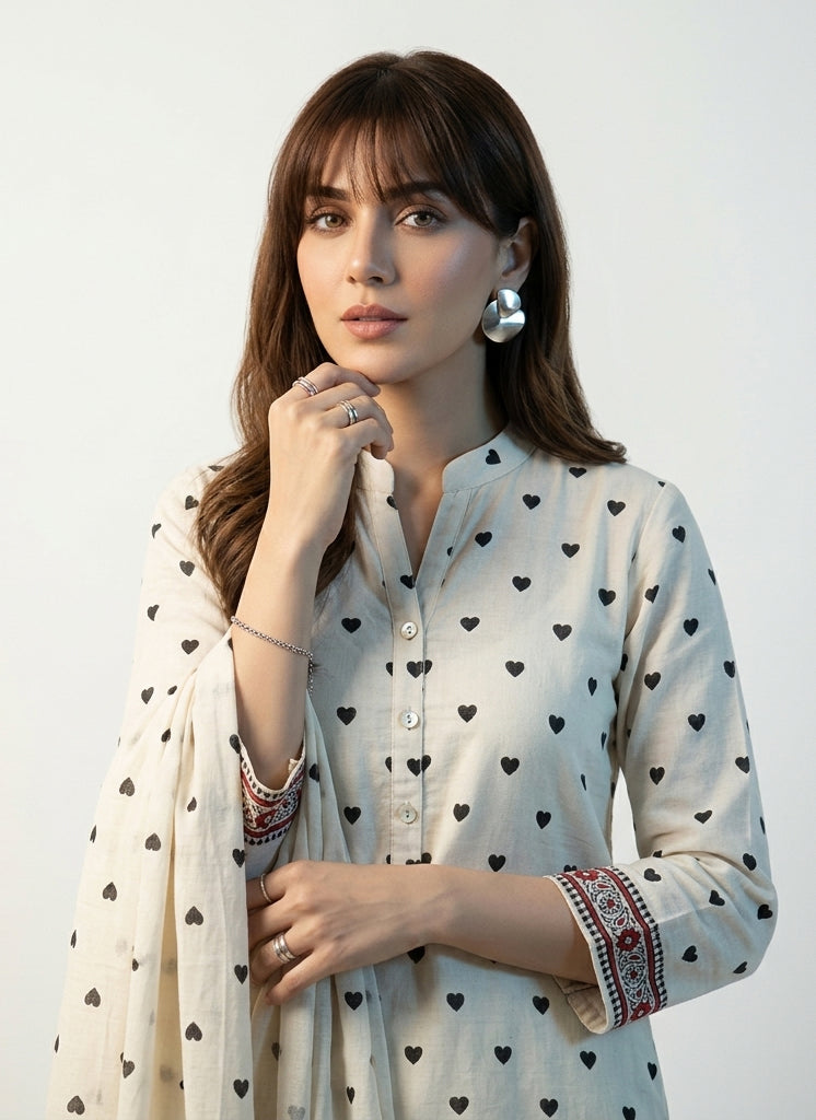 Traditional hand block printed black heart cotton two-piece dress fabric with matching dupatta