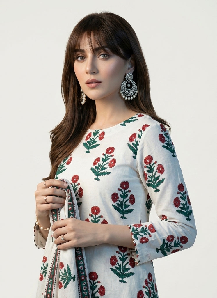 Hand Block Printed Maroon Red Floral Butta Design – Unstitched Cotton Two-Piece (Shirt & Dupatta)